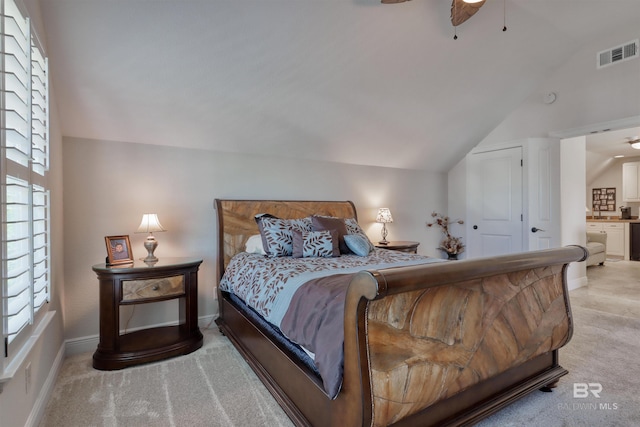 4209 Antigua Ct, Orange Beach, AL 36561 - bedroom featuring visible vents, baseboards, a ceiling fan, light carpet, and lofted ceiling