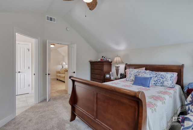 4209 Antigua Ct, Orange Beach, AL 36561 - bedroom with visible vents, baseboards, ceiling fan, light carpet, and lofted ceiling