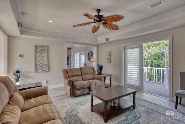 4209 Antigua Ct, Orange Beach, AL 36561 - living area with light tile patterned floors, ornamental molding, baseboards, ceiling fan, and visible vents