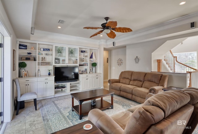 4209 Antigua Ct, Orange Beach, AL 36561 - living area with stairs, recessed lighting, ornamental molding, visible vents, and a ceiling fan