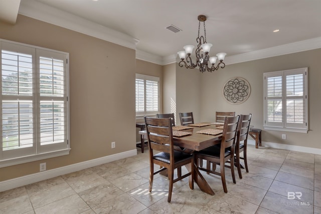 4209 Antigua Ct, Orange Beach, AL 36561 - dining area featuring an inviting chandelier, crown molding, baseboards, and visible vents
