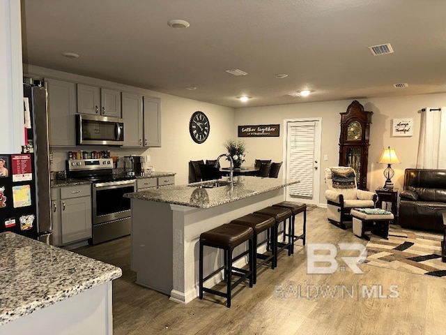 kitchen featuring a sink, visible vents, appliances with stainless steel finishes, gray cabinets, and a center island with sink