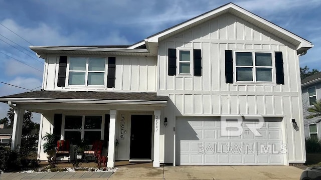 modern farmhouse style home with board and batten siding, driveway, a shingled roof, and a garage