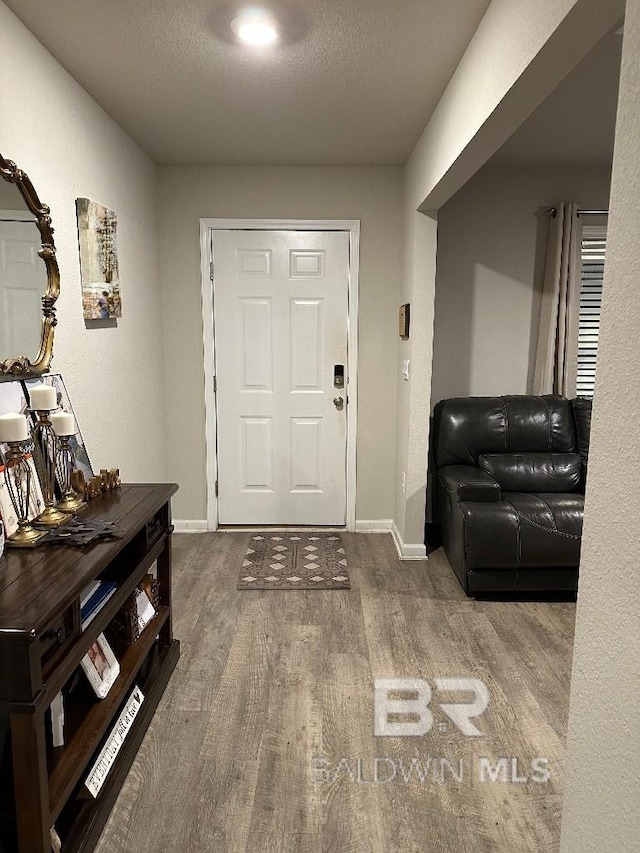 foyer with a textured ceiling, wood finished floors, and baseboards