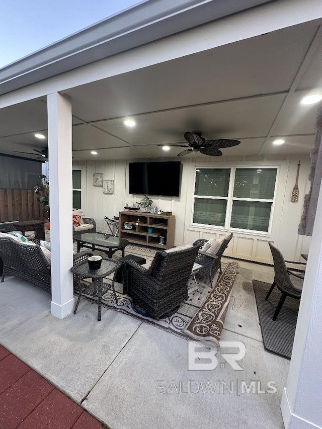 view of patio / terrace featuring a ceiling fan and an outdoor hangout area