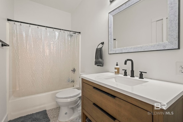 full bath featuring tile patterned flooring, vanity, toilet, and shower / tub combo with curtain