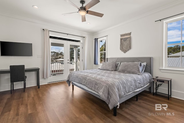 bedroom with baseboards, ornamental molding, french doors, wood finished floors, and access to outside