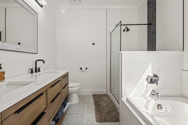 full bathroom featuring double vanity, a stall shower, a sink, crown molding, and toilet