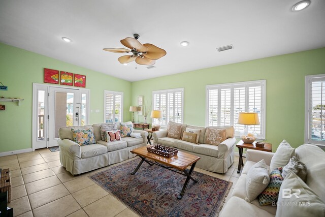 446 Harbor Light Cir, Gulf Shores, AL 36542 - living room with light tile patterned flooring, a ceiling fan, recessed lighting, and baseboards