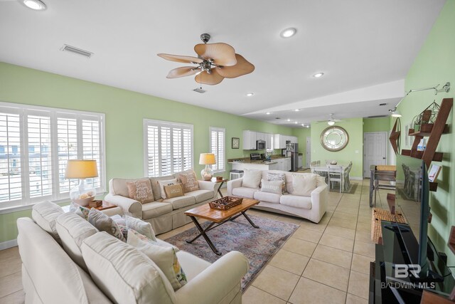 446 Harbor Light Cir, Gulf Shores, AL 36542 - living room with a ceiling fan, light tile patterned flooring, baseboards, and recessed lighting