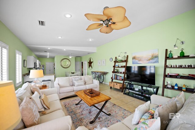 446 Harbor Light Cir, Gulf Shores, AL 36542 - living area with a ceiling fan, light tile patterned floors, and recessed lighting