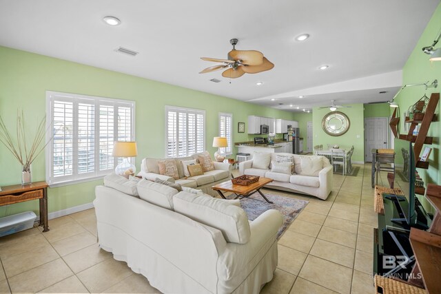 446 Harbor Light Cir, Gulf Shores, AL 36542 - living area with ceiling fan, light tile patterned flooring, baseboards, and recessed lighting