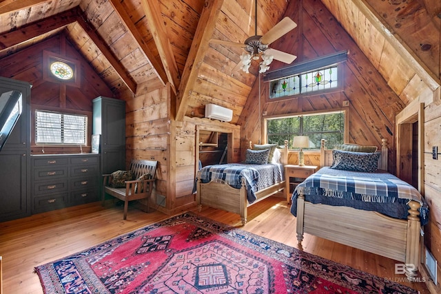 bedroom featuring a wall unit AC, wooden ceiling, wood walls, and beamed ceiling