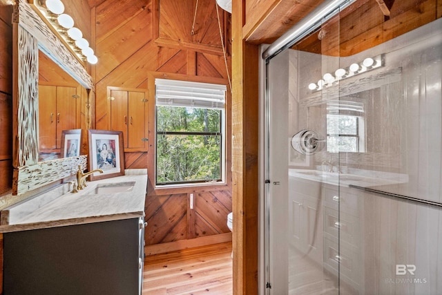bathroom with vanity, a healthy amount of sunlight, wooden walls, and a shower stall