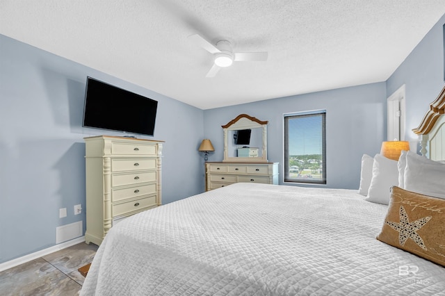 407 W Beach Blvd Unit 570, Gulf Shores, AL 36542 - bedroom with a textured ceiling, a ceiling fan, and baseboards