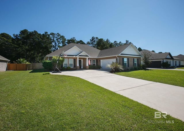 single story home with a garage and a front lawn