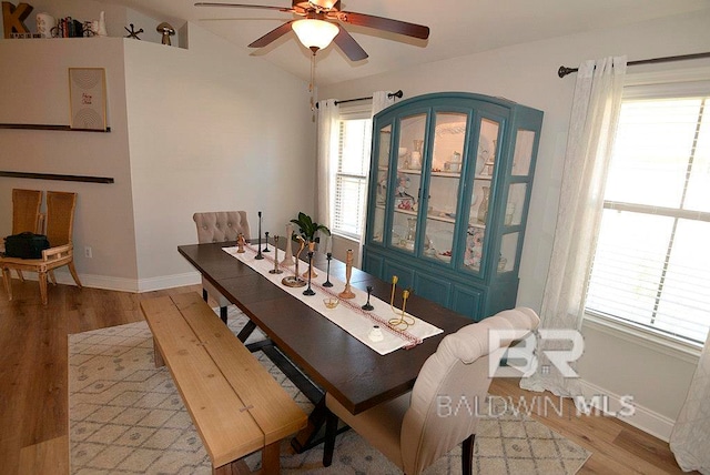 dining room featuring a wealth of natural light, lofted ceiling, ceiling fan, and light hardwood / wood-style flooring