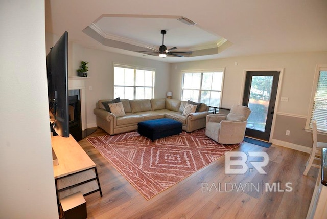 living room featuring hardwood / wood-style flooring, ceiling fan, a raised ceiling, and crown molding