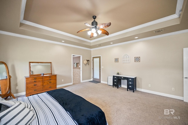 bedroom with ceiling fan, light colored carpet, crown molding, and a raised ceiling