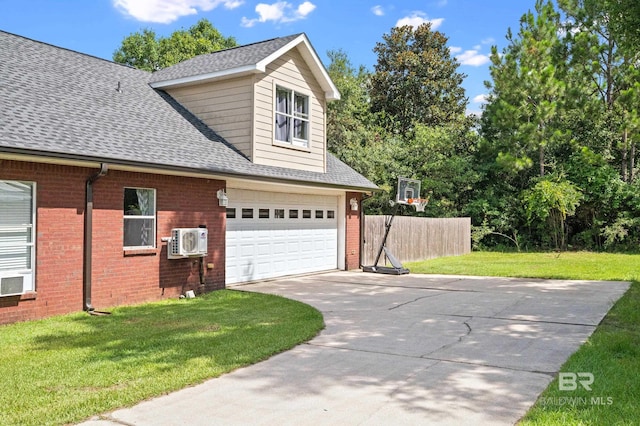 view of property exterior with a garage, a yard, and ac unit