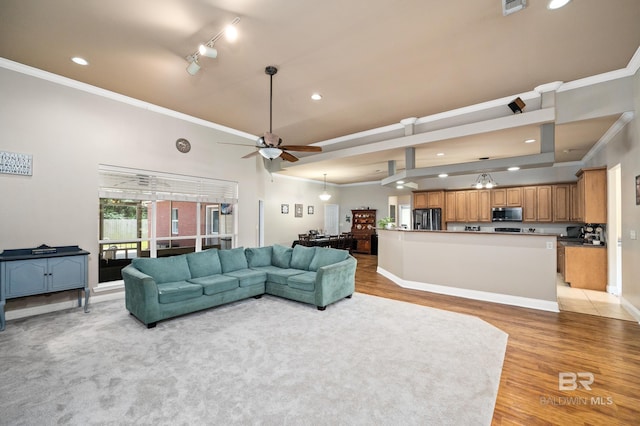 living room with ceiling fan, track lighting, light hardwood / wood-style flooring, and crown molding