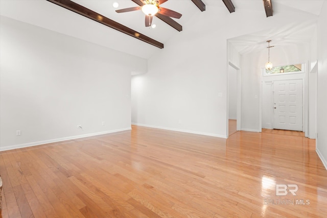 unfurnished living room with ceiling fan, high vaulted ceiling, beamed ceiling, and light wood-type flooring