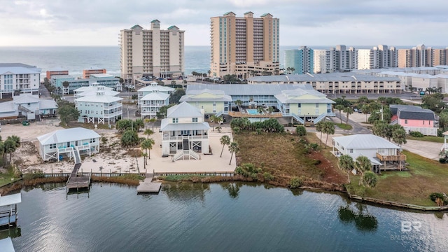 aerial view featuring a water view