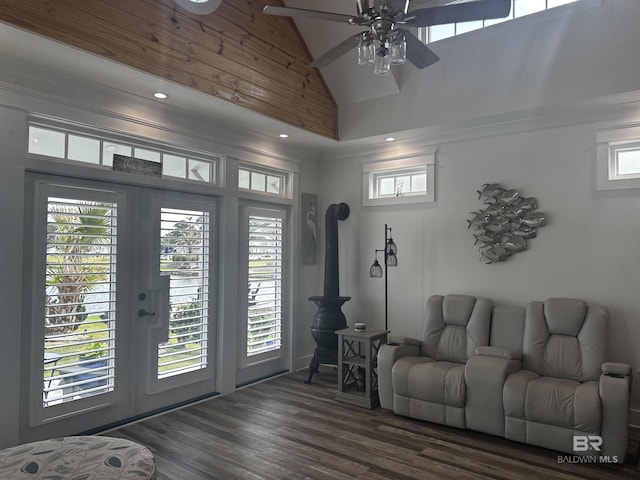 living room featuring recessed lighting, french doors, dark wood-type flooring, high vaulted ceiling, and ceiling fan