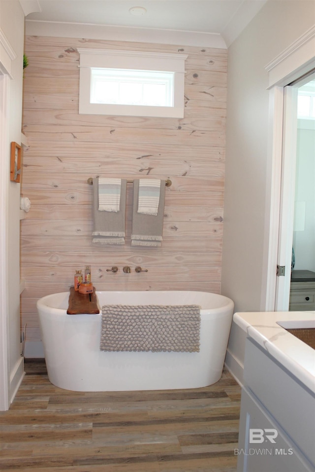 bathroom featuring wood finished floors, vanity, a freestanding bath, and a healthy amount of sunlight