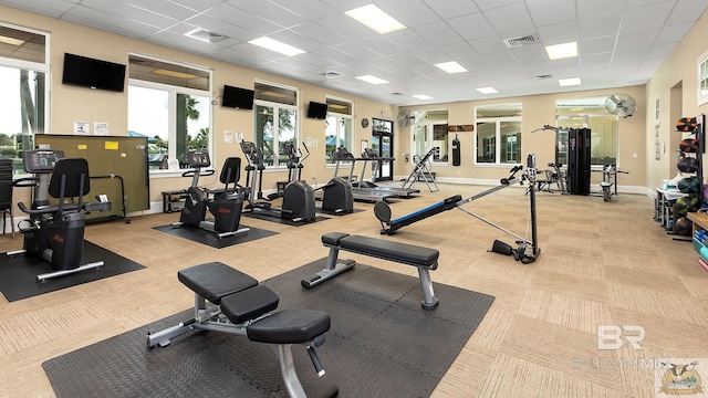 workout area with a paneled ceiling, visible vents, carpet, and a healthy amount of sunlight