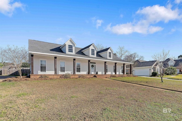 cape cod-style house with a garage, a front lawn, and a porch