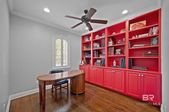 office with baseboards, ornamental molding, recessed lighting, dark wood-type flooring, and ceiling fan