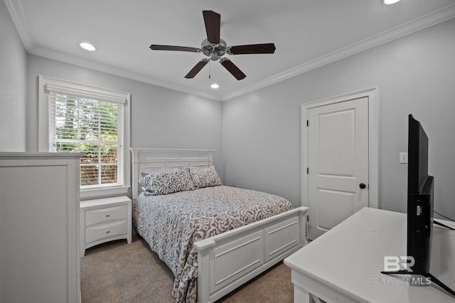 bedroom featuring crown molding, carpet floors, ceiling fan, and recessed lighting