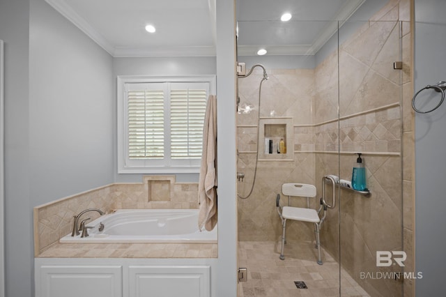 full bath with crown molding, a bath, a shower stall, and recessed lighting