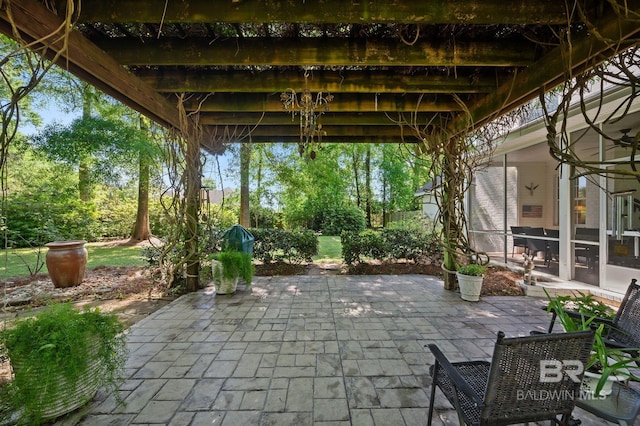 view of patio / terrace featuring a sunroom and a pergola