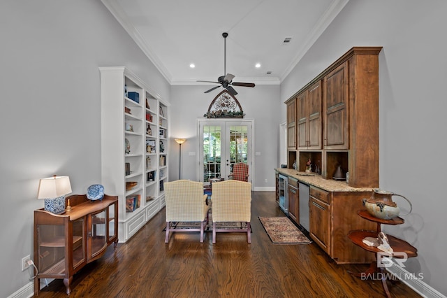 dining room featuring dark wood-style flooring, baseboards, recessed lighting, french doors, and crown molding