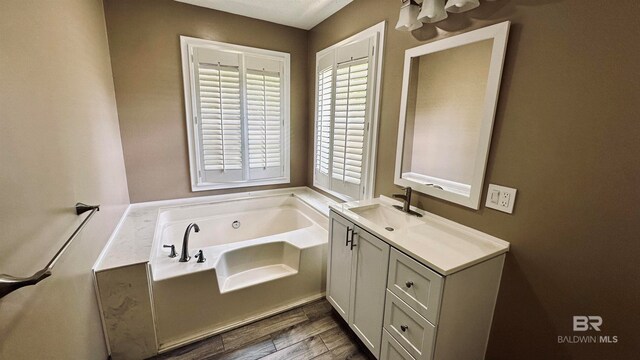 bathroom with wood-type flooring, plenty of natural light, large vanity, and a bath