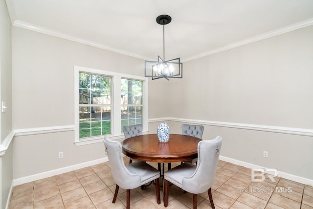 8814 N Dawes Lake Rd, Mobile, AL 36619 - dining space featuring an inviting chandelier, baseboards, light tile patterned flooring, and crown molding