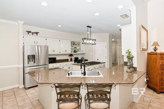 8814 N Dawes Lake Rd, Mobile, AL 36619 - kitchen with a sink, open shelves, white cabinetry, appliances with stainless steel finishes, and light tile patterned flooring