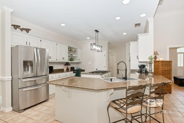 8814 N Dawes Lake Rd, Mobile, AL 36619 - kitchen with a sink, light tile patterned flooring, stainless steel refrigerator with ice dispenser, visible vents, and white cabinetry