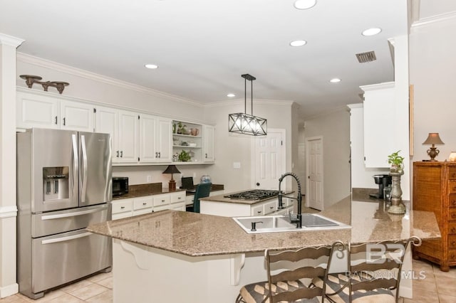 8814 N Dawes Lake Rd, Mobile, AL 36619 - kitchen with a peninsula, light tile patterned floors, a sink, stainless steel fridge with ice dispenser, and white cabinetry