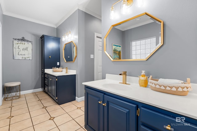 bathroom featuring vanity, crown molding, and tile patterned floors