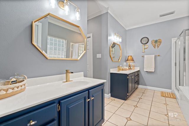 bathroom featuring vanity, crown molding, walk in shower, and tile patterned flooring