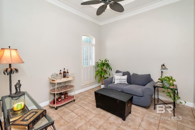 8814 N Dawes Lake Rd, Mobile, AL 36619 - living area with crown molding, light tile patterned flooring, baseboards, and a ceiling fan