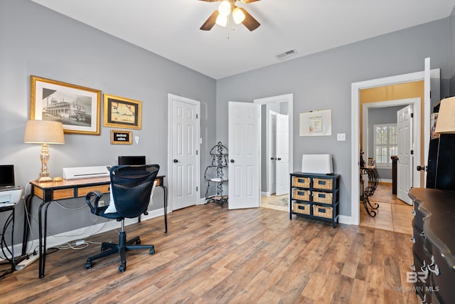 home office featuring ceiling fan and hardwood / wood-style flooring