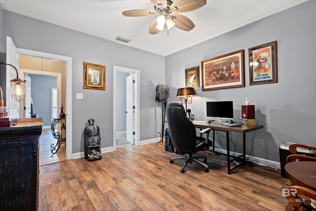 office area featuring wood-type flooring and ceiling fan