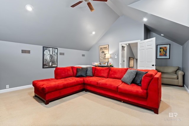 8814 N Dawes Lake Rd, Mobile, AL 36619 - living room with ceiling fan, visible vents, light colored carpet, and vaulted ceiling