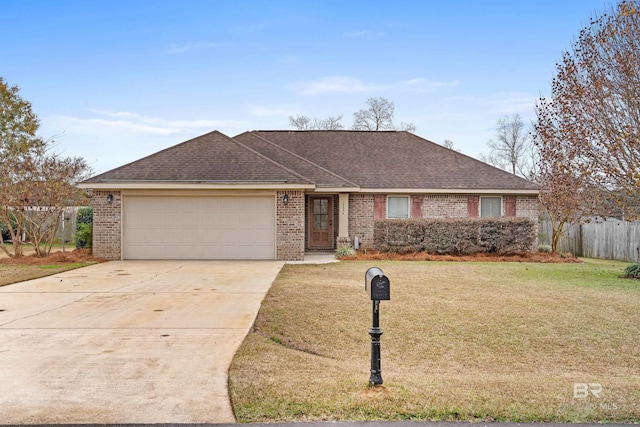 single story home featuring a front yard and a garage