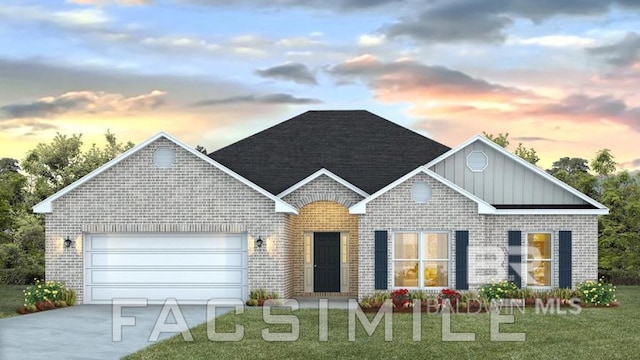 11547 Thistledown Loop, Spanish Fort, AL 36527 - view of front of property featuring brick siding, a garage, a front yard, board and batten siding, and driveway