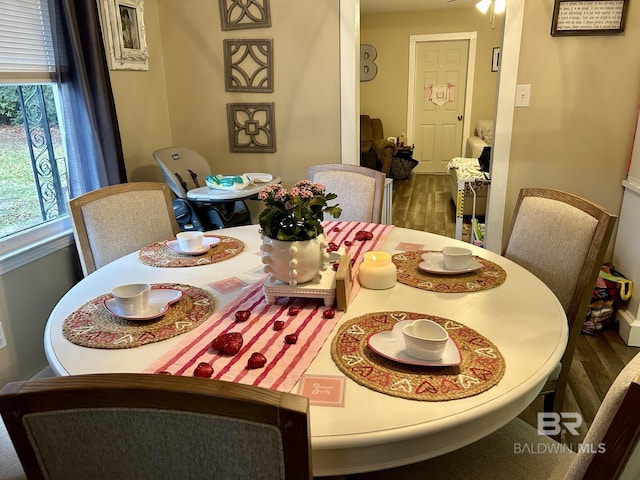 dining space featuring ceiling fan and dark hardwood / wood-style flooring